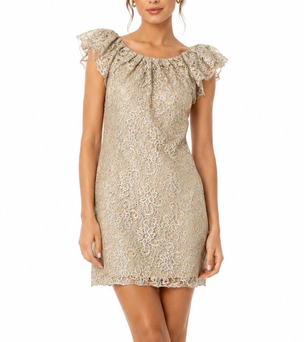 Free People Beige Silver Metallic Lace Mini Shift Dress Sleeves Size Small
